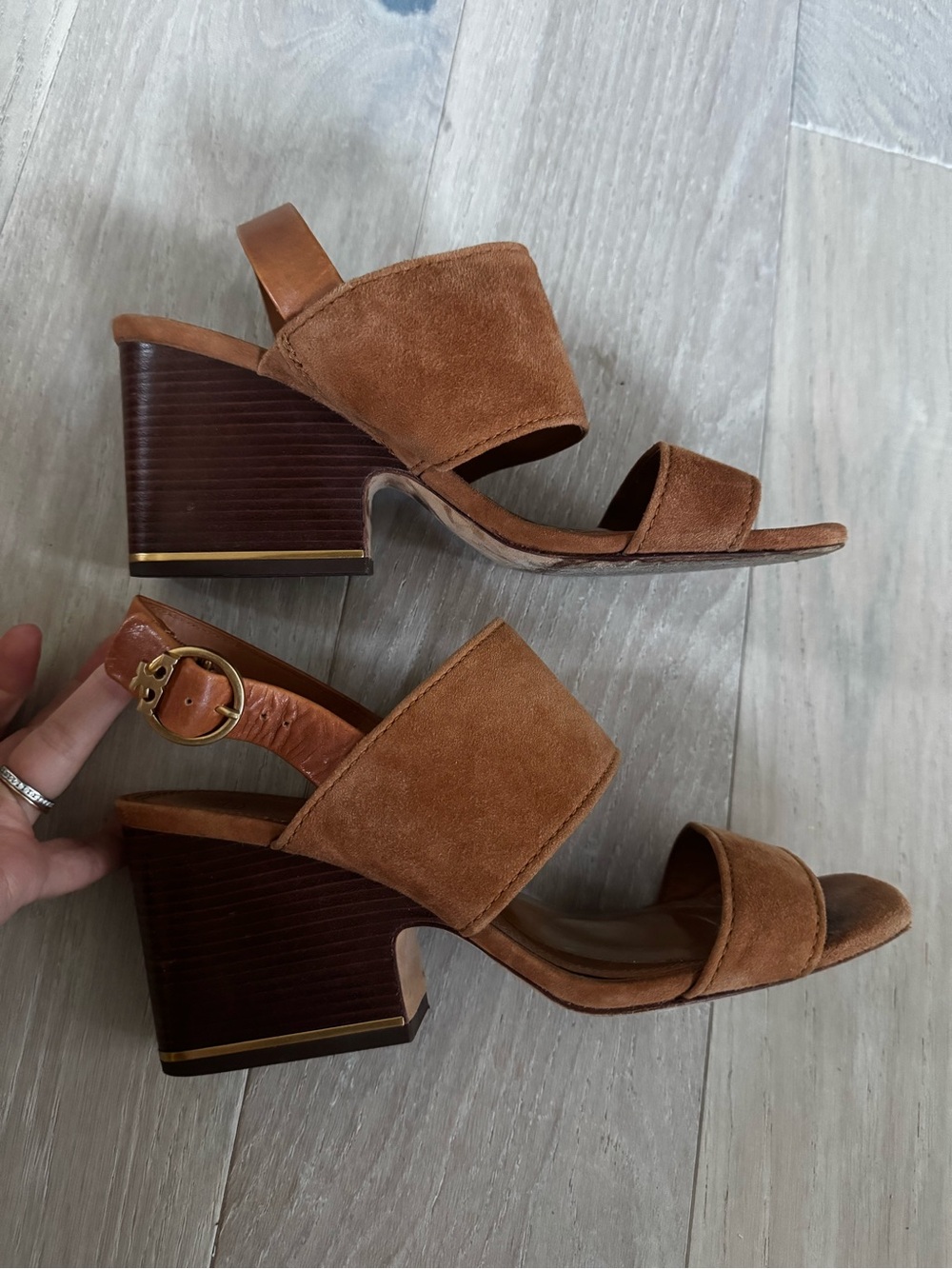 Tory Burch Tan Suede Block Heel Sandals with Gold Accent